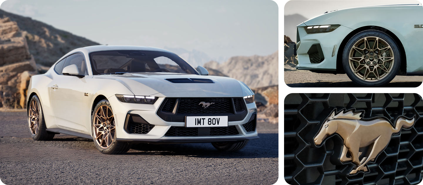 Trei fotografii într-o grilă care arată un Ford Mustang GT Coupe alb cu Bronze Pack pe un drum montan