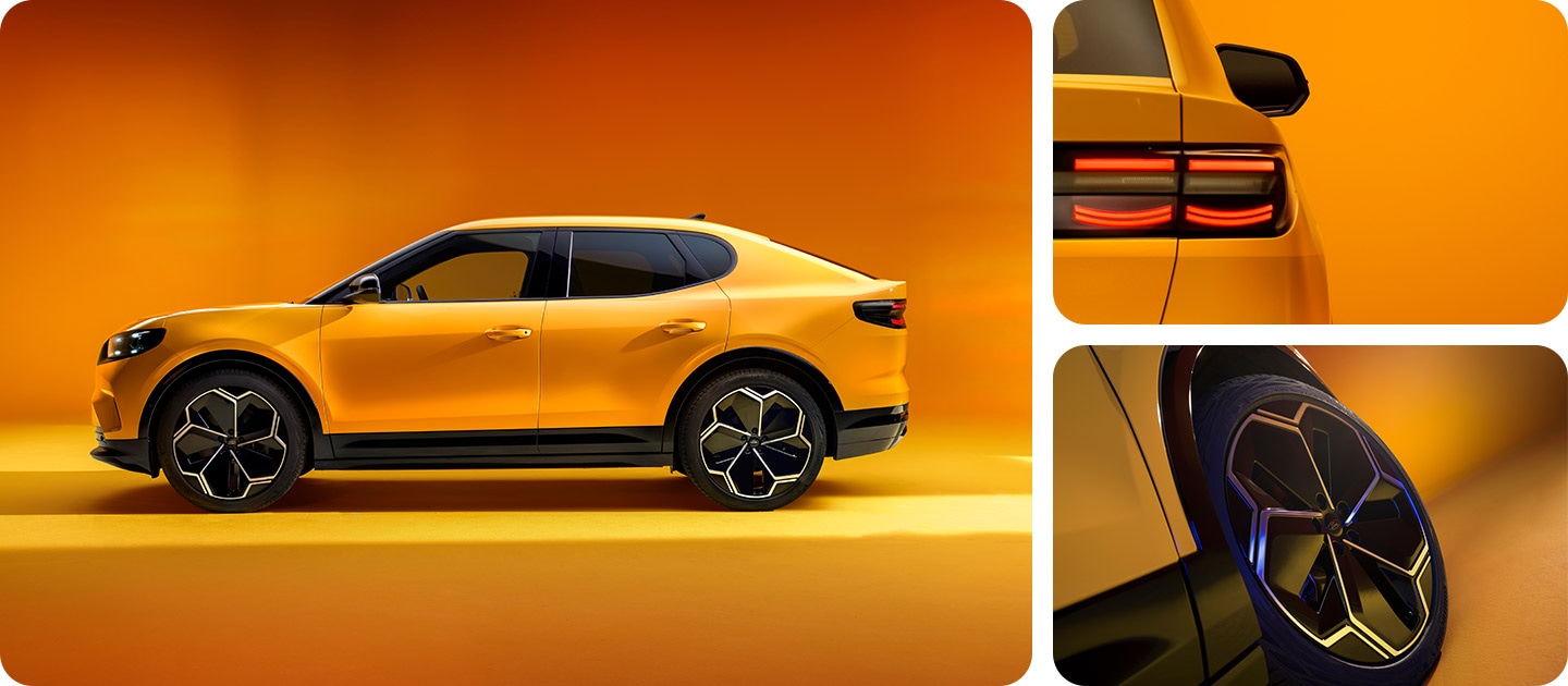 Grilă foto care prezintă modelul electric Ford Capri® galben, cu prim-planuri ale designului spate și jante elegante din aliaj.